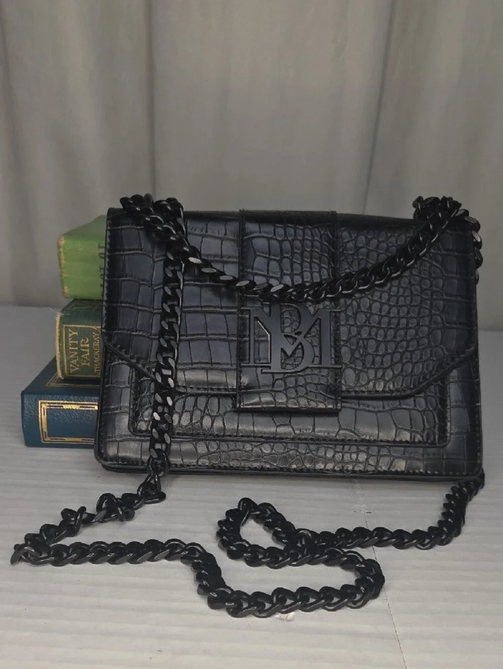Badgely Mischka Black Vegan Croc-Embossed Chain Shoulder Bag